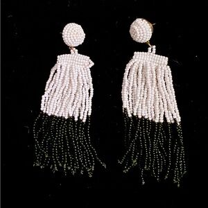 White and Black Beaded Fringe Drop Earrings - Women Jewelry